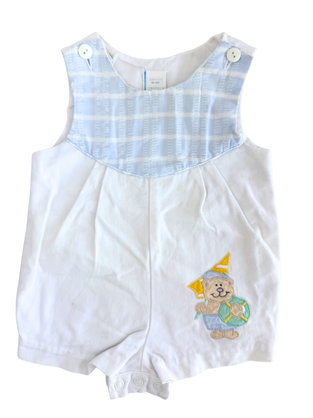 Vintage Baby Romper Set 6-9 Months Beach Teddy Bear Outfit Blue White 2pc - Picture 2 of 13
